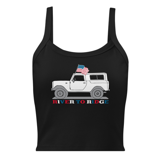 Vintage USA Logo from River to Ridge clothing brand on a black tank top. featuring a Bronco with an american flag in white and grey.