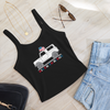 Vintage USA Logo from River to Ridge clothing brand on a black tank top. featuring a Bronco with an american flag in white and grey. Laid out flat with jeans and a necklace and glasses