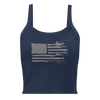 River to Ridge Brand Womens tank top in blue with the Sportsmans Flag Logo on it in grey, featuring the USA flag and antlers, fishing, bass, ducks, rifle; outdoors themes in the stripes. 