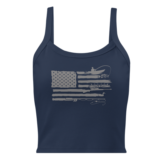 River to Ridge Brand Womens tank top in blue with the Sportsmans Flag Logo on it in grey, featuring the USA flag and antlers, fishing, bass, ducks, rifle; outdoors themes in the stripes. 