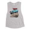 Womens Muscle Tank Top with a drawing of a Bronco with big tires and a kayak on top up on a big rock from the Brand River to Ridge