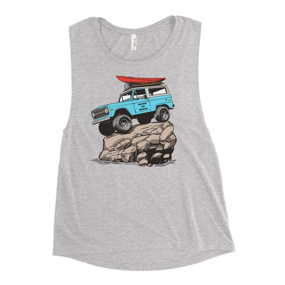 Womens Muscle Tank Top with a drawing of a Bronco with big tires and a kayak on top up on a big rock from the Brand River to Ridge