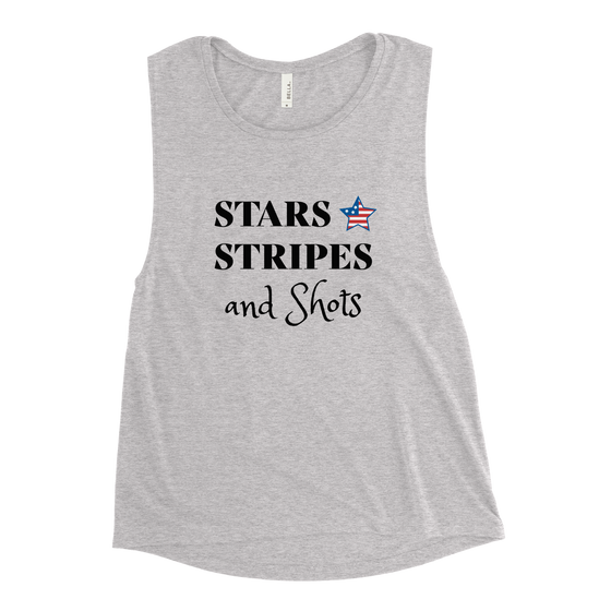 Stars Stripes and Shots Logo Womens Muscle Tank Top in grey River to Ridge Clothing Brand