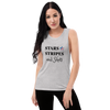 River to Ridge Brand Muscle Tank for women in grey with logo: Stars Stripes and Shots - with an american flag star on it on woman with long black hair