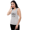 Stars Stripes and Shots Logo Womens Muscle Tank Top in grey on a model at the gym for River to Ridge Clothing Brand