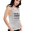 Stars Stripes and Shots Logo Womens Muscle Tank Top in grey on a model at the gym for River to Ridge Clothing Brand