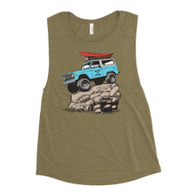  Womens Muscle Tank Top with a drawing of a Bronco with big tires and a kayak on top up on a big rock from the Brand River to Ridge