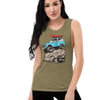 Woman wearing Womens Muscle Tank Top with a drawing of a Bronco with big tires and a kayak on top up on a big rock from the Brand River to Ridge