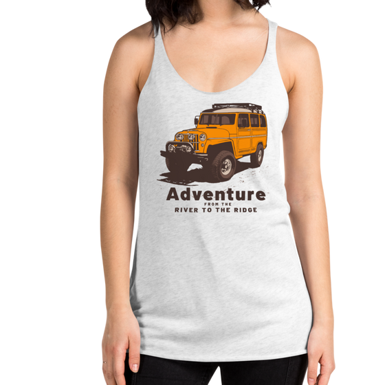 Womens Adventure tank top from River to Ridge Brand. Featuring a yellow land cruiser with big tires for offroading