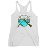 Womans tank top in ash white with the River to Ridge Hunting and Fishing Logo on it with both a fishing road and rifle crossing over a river scene