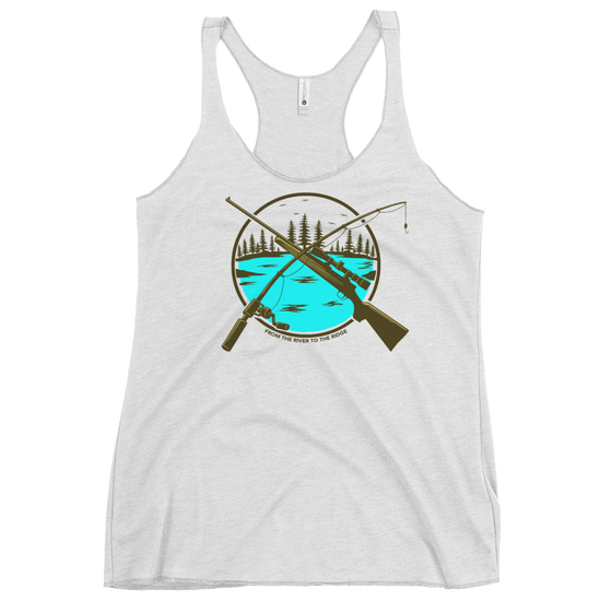 Womans tank top in ash white with the River to Ridge Hunting and Fishing Logo on it with both a fishing road and rifle crossing over a river scene