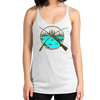 Womans tank top in ash white with the River to Ridge Hunting and Fishing Logo on it with both a fishing road and rifle crossing over a river scene