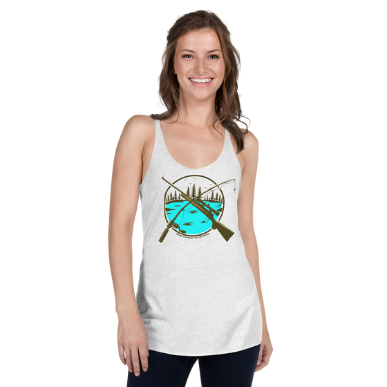 Womans tank top in ash white with the River to Ridge Hunting and Fishing Logo on it with both a fishing road and rifle crossing over a river scene