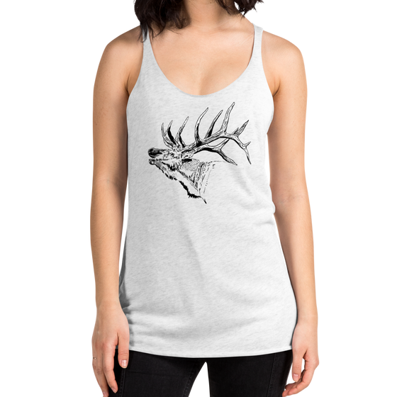 bugling elk logo tank top for women from River to Ridge Clothing Brand in white