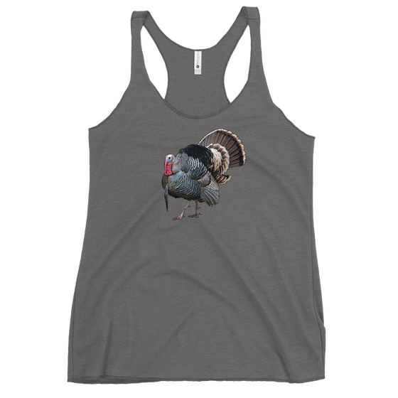 Long beard turkey gobbler drawing on a grey womens racerback tank top