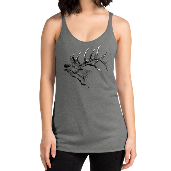 Womens Elk tank top from River to Ridge Clothing brand in grey with bugling bull elk