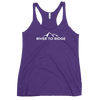 Womans tank top in purple with the River to Ridge logo brand on it with mountains in white