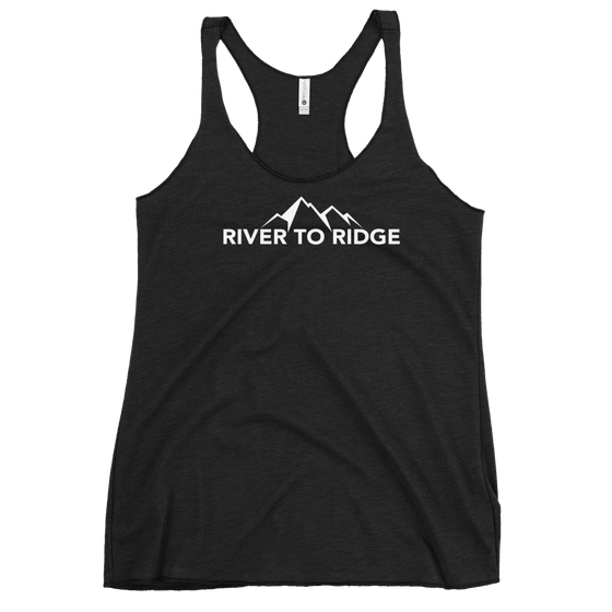 Womens tank top in heather black with the river to ridge logo on it with mountains