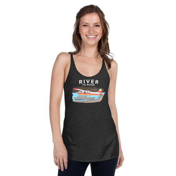 Womens Backcountry Taxi Bush Plane Logo tank top from River to Ridge Clothing Brand, Alaska bush plane Otter on a lake on floats in black