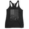 Womens tactical tank top in black with a grey USA flag made from guns and rifles and bullets from River to Ridge Clothing Brand