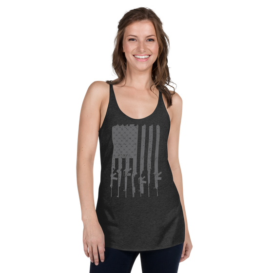 Womens tactical tank top in black with a grey USA flag made from guns and rifles and bullets from River to Ridge Clothing Brand