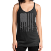 Womens tactical tank top in black with a grey USA flag made from guns and rifles and bullets from River to Ridge Clothing Brand