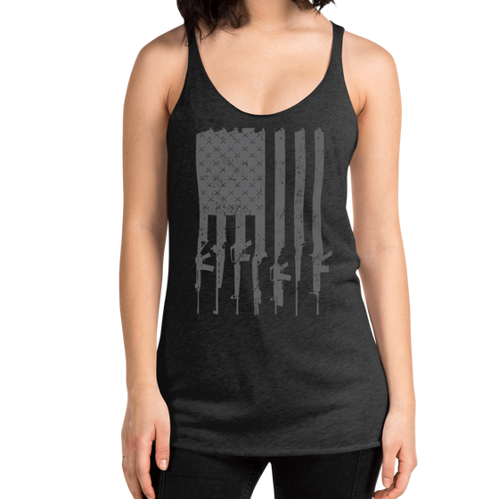 Womens tactical tank top in black with a grey USA flag made from guns and rifles and bullets from River to Ridge Clothing Brand