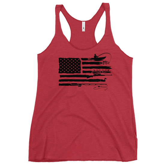 River to Ridge womens tank top in red with the Sportsmans Flag on it. Flag has the USA flag plus fishing for bass, elk antlers, duck hunting, fishing pole for fly fishing in the flag