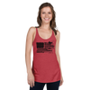 Woman wearing a red tank top with a long waist featuring the River to Ridge sportsmans flag on it, fishing, shed hunting, duck hunting all are included in the graphic of the USA flag