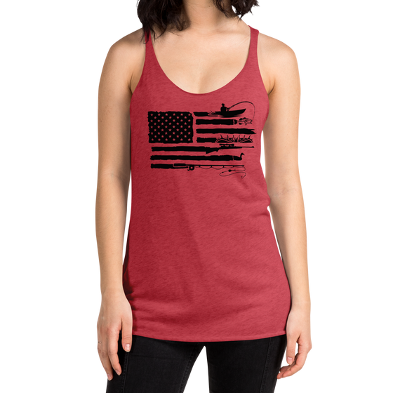 Woman wearing a red River to Ridge Brand tank top with a sportsmans flag on it where the USA flag has stripes that include kayak fishing, bass, antlers from an elk, fly fishing and goose hunting