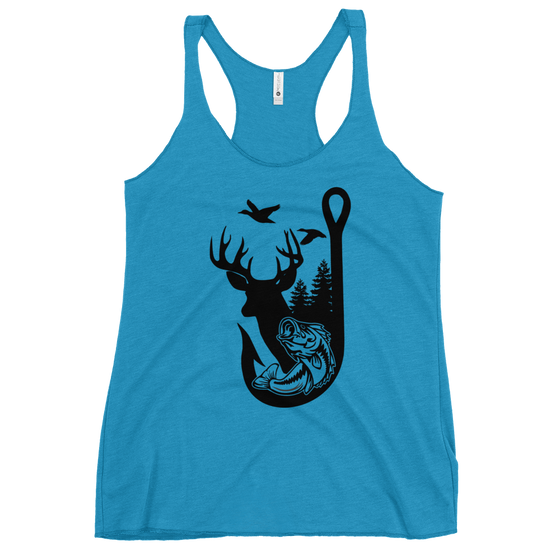 womens turquoise tank top with a logo in black of a fishing hook with a bass and also a whitetail deer buck and some ducks flying