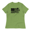 womens relaxed t shirt with the sportsman flag logo on it from river to ridge brand. T shirt is lime green and the flag has bass fishing, elk antlers, duck hunting, fly fishing all integrated into the american flag