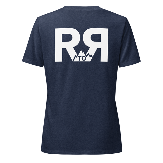 Product mockup of River to Ridge Clothing Brand V neck T shirt with mountain logo