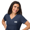 Woman wearing V neck T shirt from River to Ridge Clothing Brand in blue