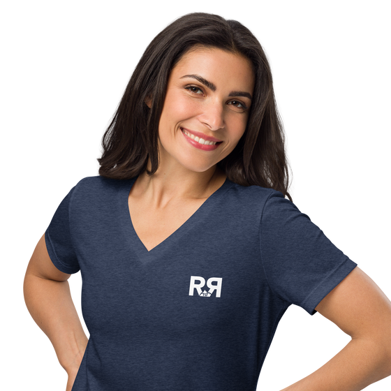 Woman wearing V neck T shirt from River to Ridge Clothing Brand in blue