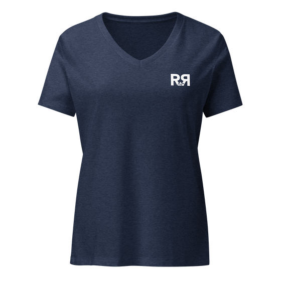 Product mockup of River to Ridge Clothing Brand V neck T shirt with mountain logo