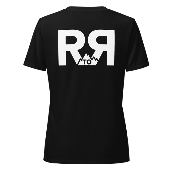 Product mockup of River to Ridge Clothing Brand V neck T shirt with mountain logo