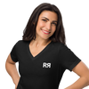 Woman wearing V neck T shirt from River to Ridge Clothing Brand in black