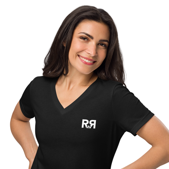 Woman wearing V neck T shirt from River to Ridge Clothing Brand in black