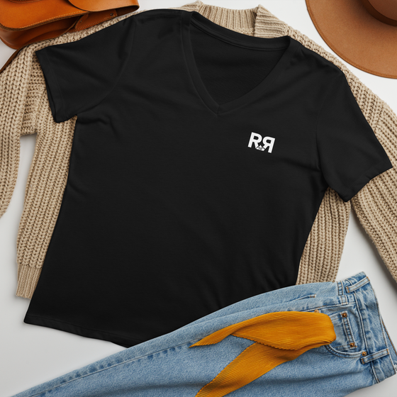 Product mockup of River to Ridge Clothing Brand V neck T shirt with mountain logo