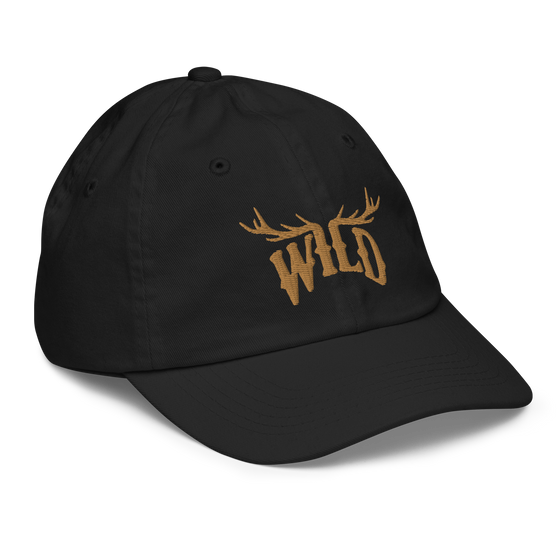 Kids WILD Logo hat from River to Ridge Brand. featuring the Stay Wild logo in gold stitching with elk antlers on the I and L