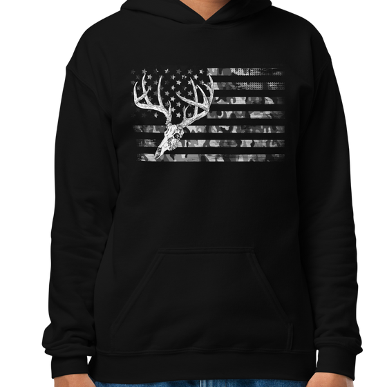 Kids Hoodie featuring the River to Ridge Brand whitetail flag logo with a camo flag and a drawing of a whitetail deer skull and antlers on a black hoodie