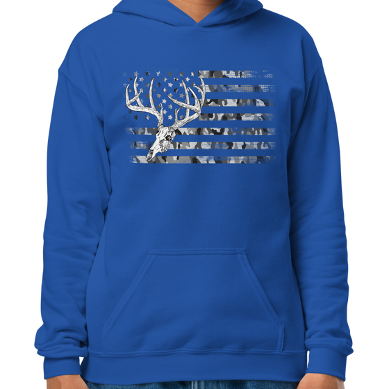 Kids Hoodie featuring the River to Ridge Brand whitetail flag logo with a camo flag and a drawing of a whitetail deer skull and antlers on a blue hoodie