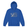 Kids Hoodie featuring the River to Ridge Brand whitetail flag logo with a camo flag and a drawing of a whitetail deer skull and antlers on a blue hoodie