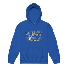  Kids Hoodie featuring the River to Ridge Brand whitetail flag logo with a camo flag and a drawing of a whitetail deer skull and antlers on a blue hoodie