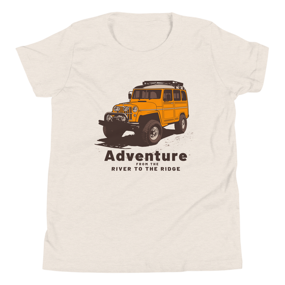 Youth T shirt with a land rover on it in yellow with big tires from the Brand River to Ridge